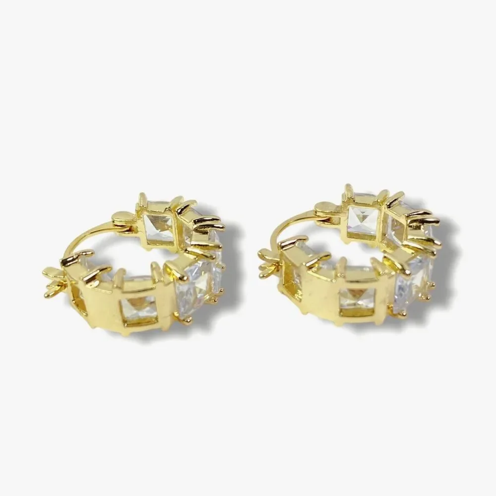 Square Crystal Hoop Earrings Gold Tone Sparkle Evening Elegant Formal Black Tie